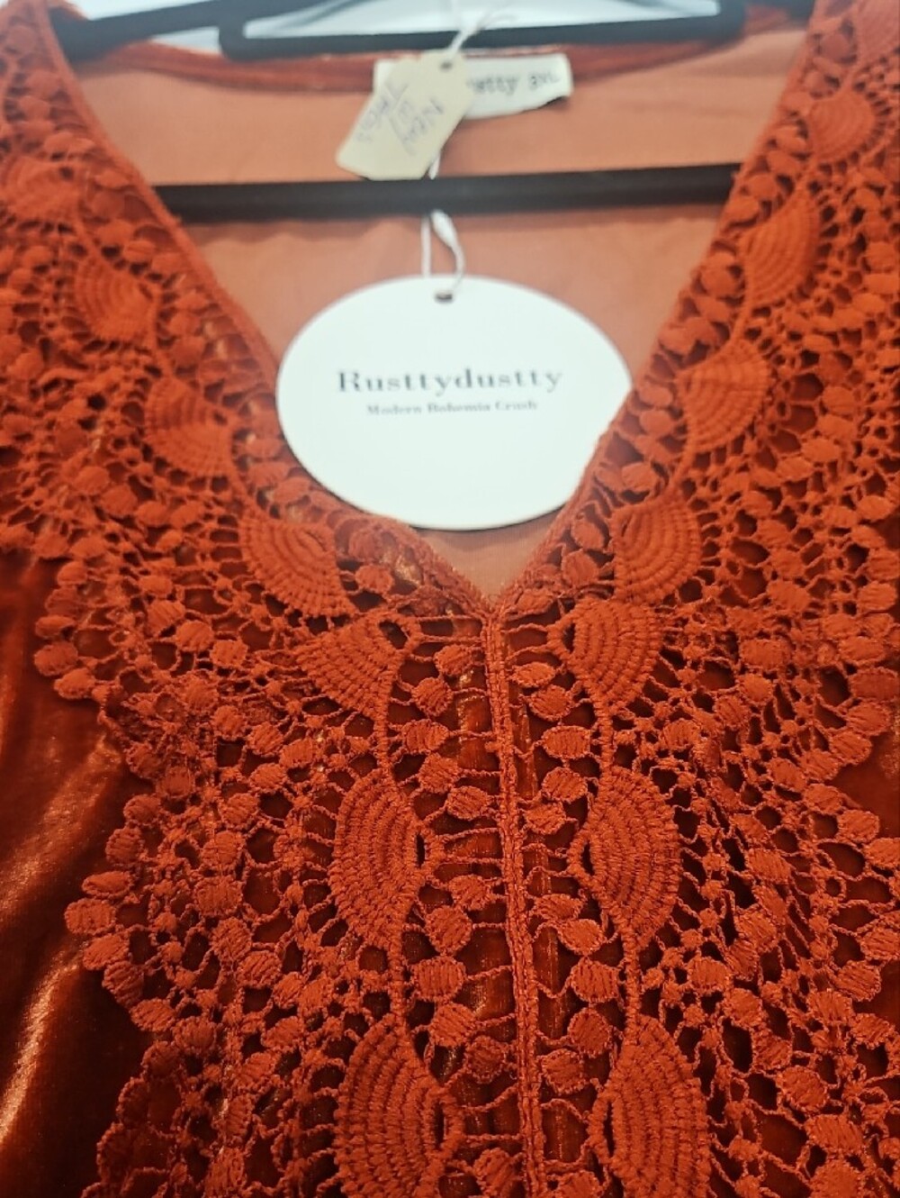 3 XL Velvet Crochet-Trim Long Sleeve Dress - Rust - Picture 10 of 13